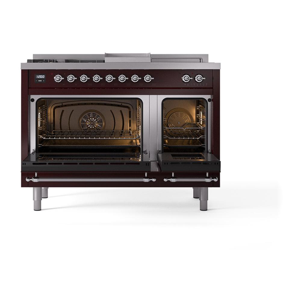 ILVE UN48FSNMPBUC Nostalgie II Noblesse 48 inch Dual Fuel Range (5 Sealed Burners + Griddle + French Top, Natural Gas, Triple Glass Door, Burgundy, Chrome)