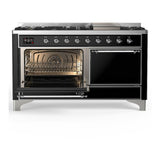 ILVE UM60FQNR3BKCLP Majestic III 60 inch Dual Fuel Range with 9 Burners and Griddle, Dual Function Burner up to 25,000 BTU (Liquid Propane, Solid Door, Glossy Black, Chrome)