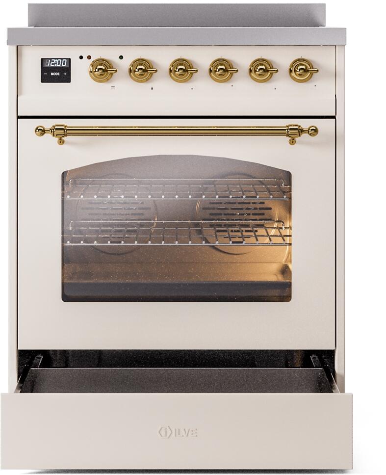 Nostalgie II 30 Inch Electric Freestanding Range in Antique White with Brass Trim