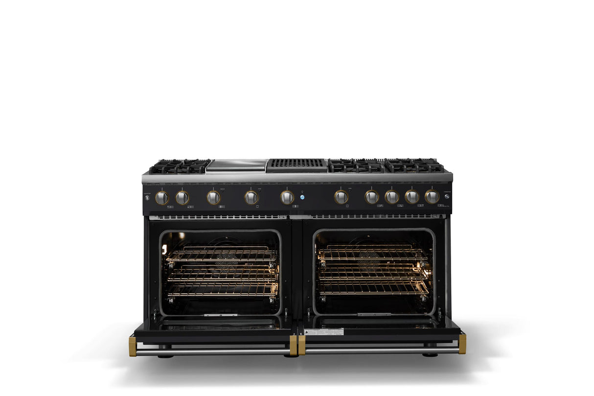 60"W. Sealed Burner Gas Range (Finish: Onyx, Trim: Brushed Brass, Fuel: Natural Gas)
