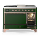 ILVE UM48FSQNR3EGP Majestic III 48 inch Dual Fuel Range with 5 Black Brass Burners, Griddle and French Top, Dual Function Burner up to 25,000 BTU (Natural Gas, Solid Door, Emerald Green, Copper)