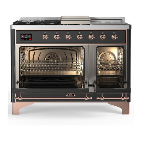 ILVE UM48FSNR3MGPLP Majestic III 48 inch Dual Fuel Range with 5 Black Brass Burners, Griddle and French Top, Dual Function Burner up to 25,000 BTU (Liquid Propane, Triple Glass Door, Graphite Matte, Copper)