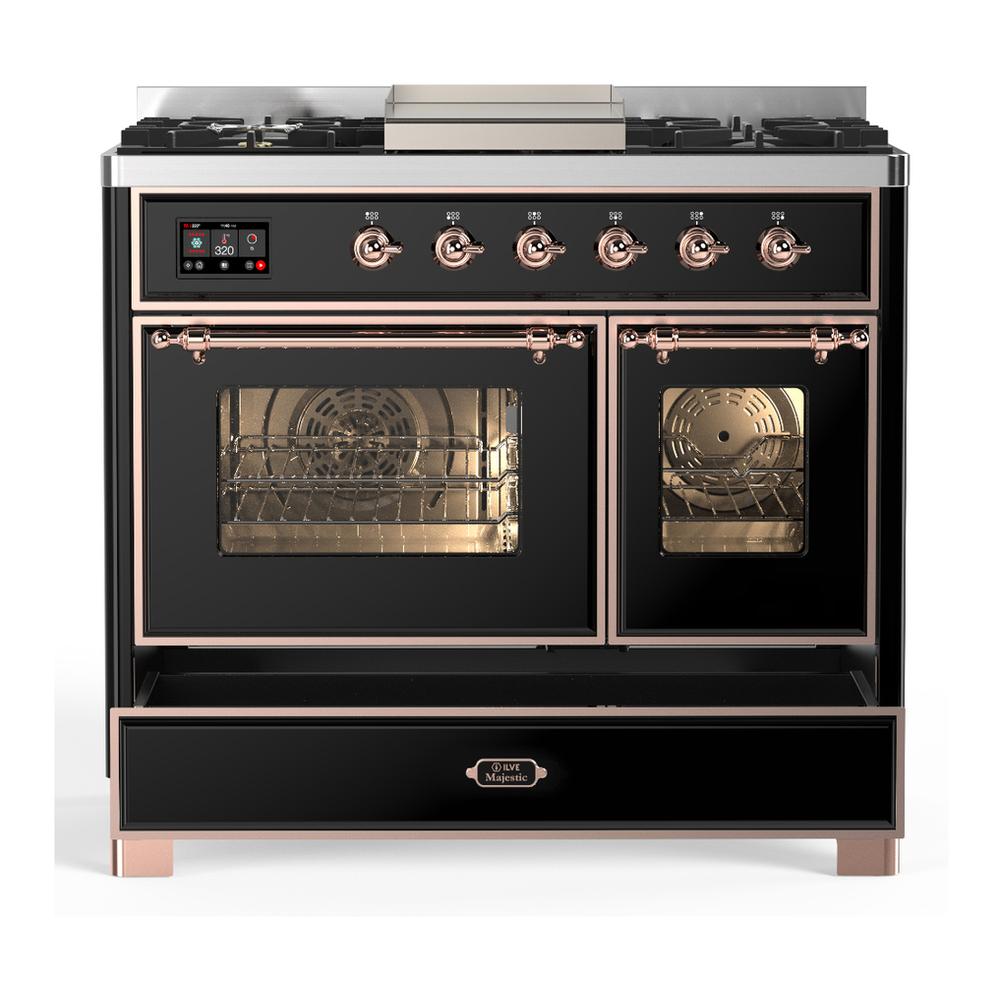 ILVE UMD40FNR3BKP Majestic III 40 inch Dual Fuel Range with 6 Burners and Griddle, Dual Function Burner up to 25,000 BTU (Natural Gas, Triple Glass Door, Glossy Black, Copper)