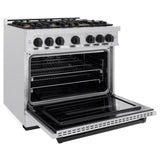 ZLINE Autograph Edition 36 in. 5.2 cu. ft. Classic Gas Range with 6 Burner Cooktop and Convection Gas Oven in DuraSnow' Stainless Steel and Matte Black Accents (CGRSZ-36-MB)