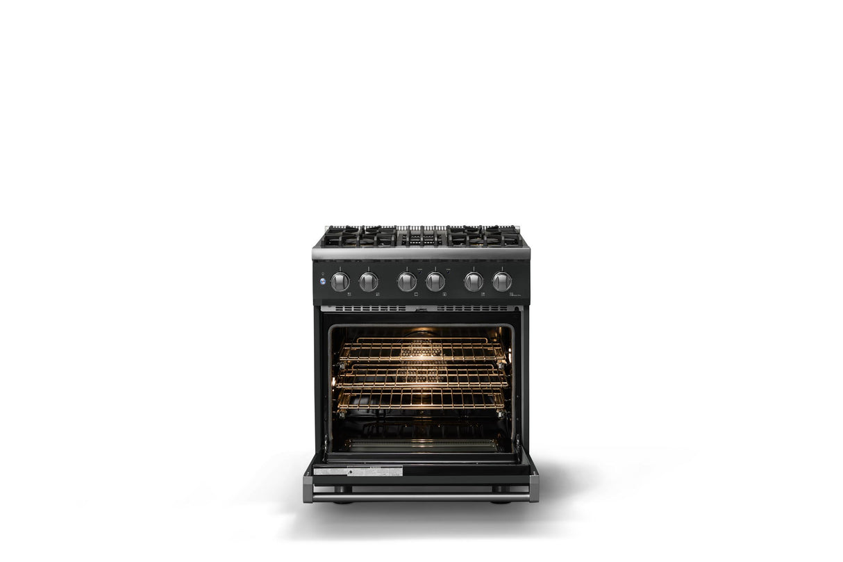 30"W. Dual Fuel Range (Finish: Antique Bronze, Trim: Polished Chrome, Fuel: Natural Gas)