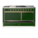 ILVE UM60FSQNR3EGGLP Majestic III 60 inch Dual Fuel Range with 7 Burners, Griddle and French Top, Dual Function Burner with up to 25,000 BTU (Liquid Propane, Solid Door, Emerald Green, Brass)
