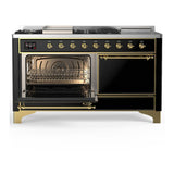 ILVE UM60FSQNR3BKG Majestic III 60 inch Dual Fuel Range with 7 Burners, Griddle and French Top, Dual Function Burner with up to 25,000 BTU (Natural Gas, Solid Door, Glossy Black, Brass)