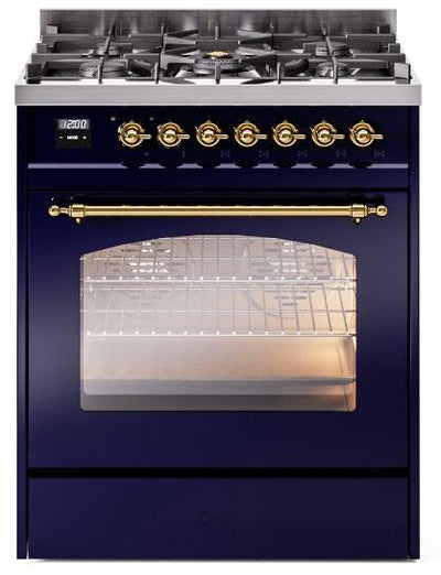 Nostalgie II 30 Inch Dual Fuel Natural Gas Freestanding Range in Blue with Brass Trim