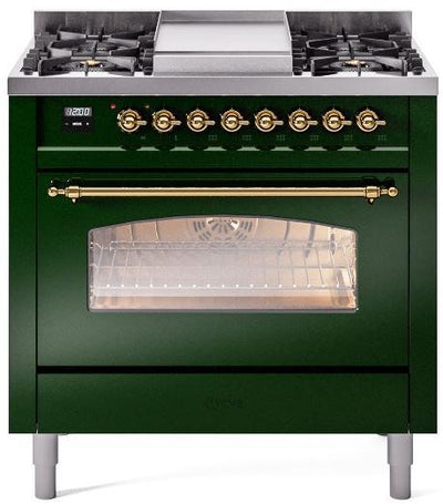 Nostalgie II 36 Inch Dual Fuel Natural Gas Freestanding Range in Emerald Green with Brass Trim