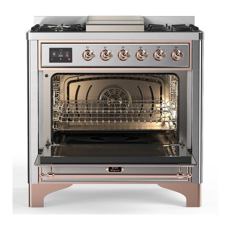ILVE UM36FNR3SSP Majestic III 36 inch Dual Fuel Range with 6 Black Brass Burners and Griddle, Dual Function Burner up to 25,000 BTU (Triple Glass Door, Stainless Steel, Copper, Natural Gas)