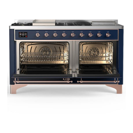 ILVE UM60FSNR3MBPLP Majestic III 60 inch Dual Fuel Range with 7 Burners, Griddle and French Top, Dual Function Burner with up to 25,000 BTU (Liquid Propane, Triple Glass Door, Midnight Blue, Copper)