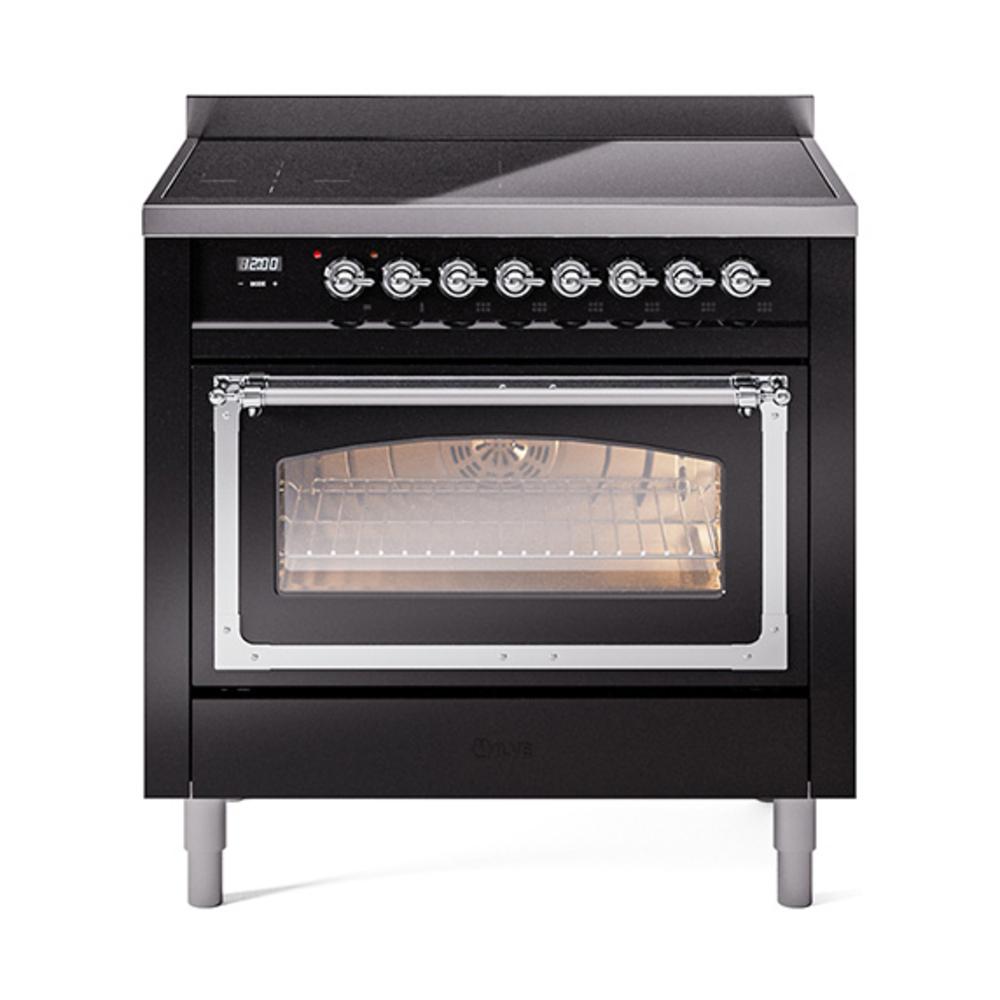 ILVE UNI366NMPBKC Nostalgie II Noblesse 36 inch Induction Range (Triple Glass Door, Glossy Black, Chrome)