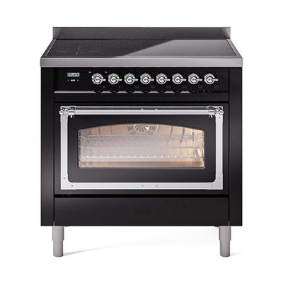 ILVE UNI366NMPBKC Nostalgie II Noblesse 36 inch Induction Range (Triple Glass Door, Glossy Black, Chrome)