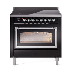 ILVE UNI366NMPBKC Nostalgie II Noblesse 36 inch Induction Range (Triple Glass Door, Glossy Black, Chrome)