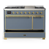 ILVE UM48FQNR3BGG Majestic III 48 inch Dual Fuel Range with 8 Burners and Griddle, Dual Function Burner up to 25,000 BTU (Natural Gas, Solid Door, Blue Grey, Brass)