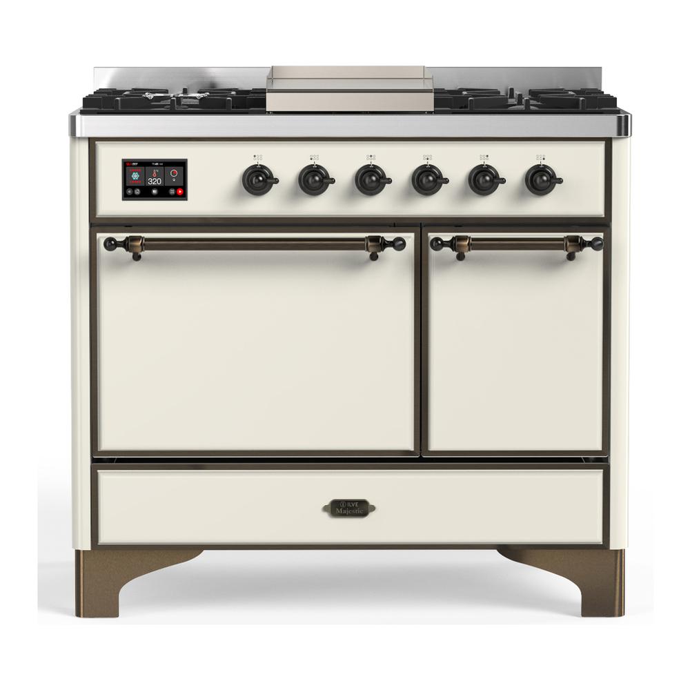 ILVE UMD40FQNR3AWB Majestic III 40 inch Dual Fuel Range with 6 Burners and Griddle, Dual Function Burner up to 25,000 BTU (Natural Gas, Solid Door, Antique White, Burnished)