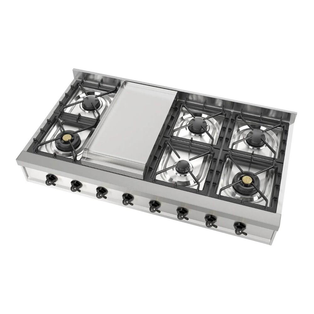 ILVE UHCP48FNSSB Nostalgie II 48 inch Built-In Gas Rangetop with Griddle, in Stainless Steel (Natural Gas, Burnished)