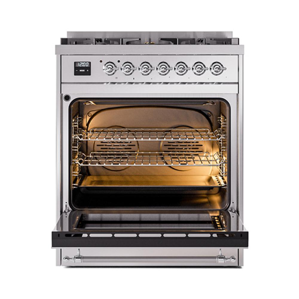 ILVE UN30QNMPSSCLP Nostalgie II Noblesse 30 inch Dual Fuel Range (Liquid Propane, Solid Door, Stainless Steel, Chrome)