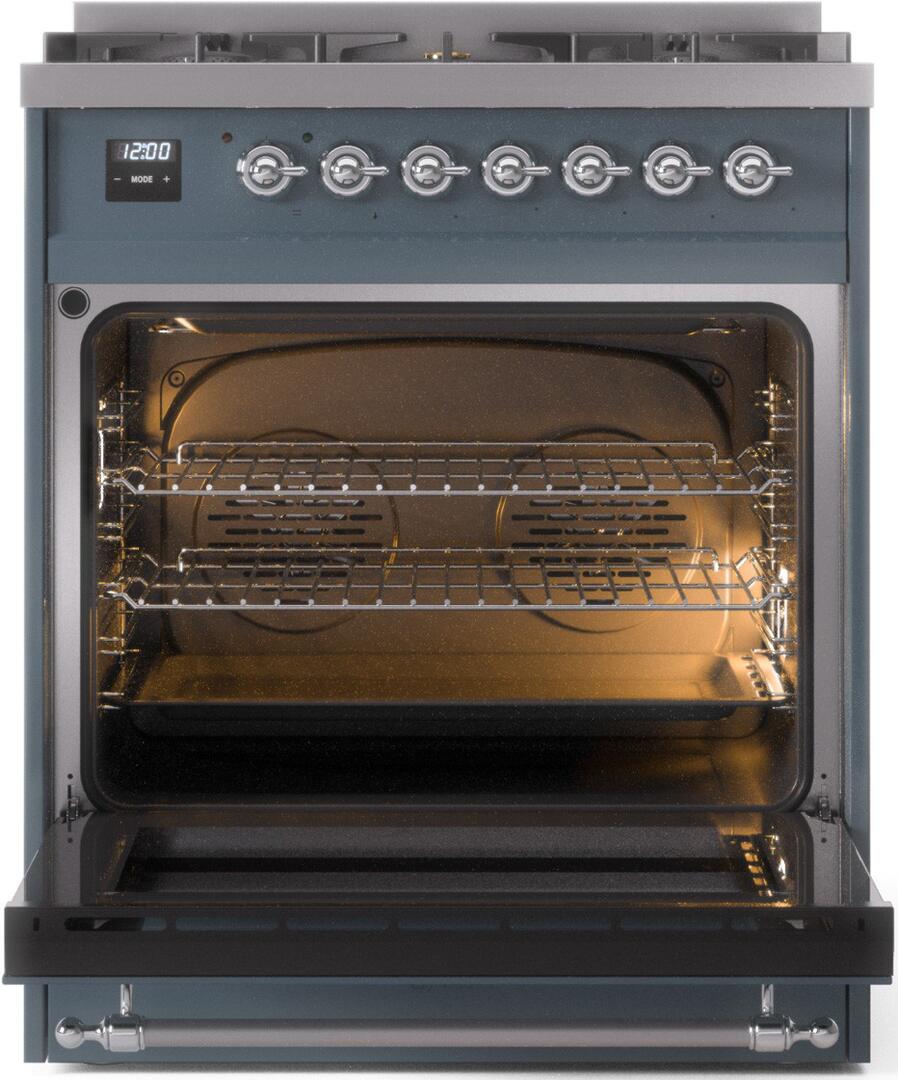 Nostalgie II 30 Inch Dual Fuel Natural Gas Freestanding Range in Blue Grey with Chrome Trim