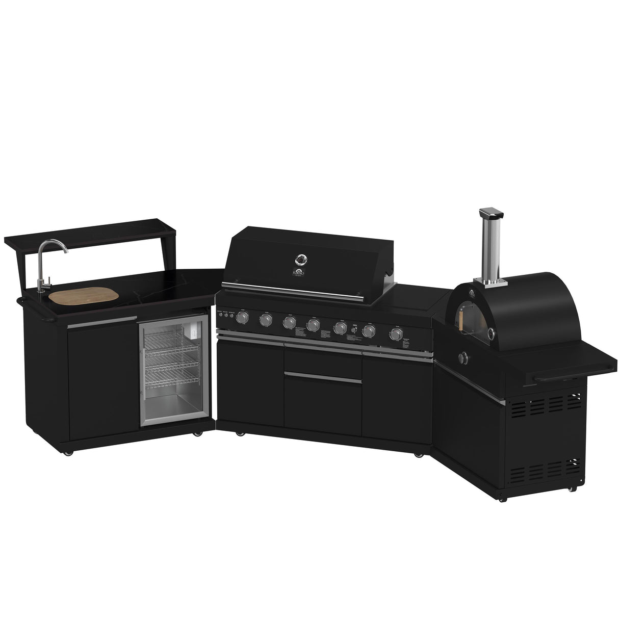 Forno All Aperto 87,600 BTU Outdoor Kitchen, 4 Burners, Infrared Burners, Side Burner, Black Sintered Stone Countertops, Gas Pizza Oven, Sink Module, Bar & Beverage Center