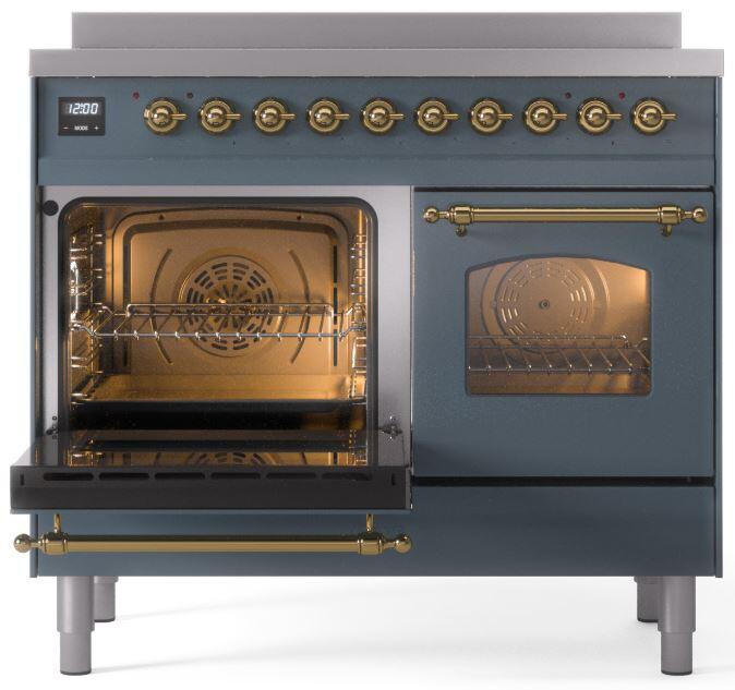 Nostalgie II 40 Inch Electric Freestanding Range in Blue Grey with Brass Trim