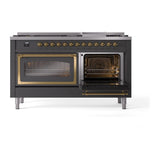 ILVE UN60FNMPMGGLP Nostalgie II Noblesse 60 inch Dual Fuel Range (9 Sealed Burners + Griddle, Liquid Propane, Triple Glass Door, Graphite Matte, Brass)