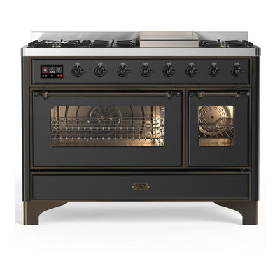 ILVE UM48FNR3MGB Majestic III 48 inch Dual Fuel Range with 8 Burners and Griddle, Dual Function Burner up to 25,000 BTU (Natural Gas, Triple Glass Door, Graphite Matte, Burnished)