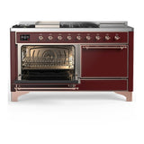 ILVE UM60FSQNR3BUP Majestic III 60 inch Dual Fuel Range with 7 Burners, Griddle and French Top, Dual Function Burner with up to 25,000 BTU (Natural Gas, Solid Door, Burgundy, Copper)