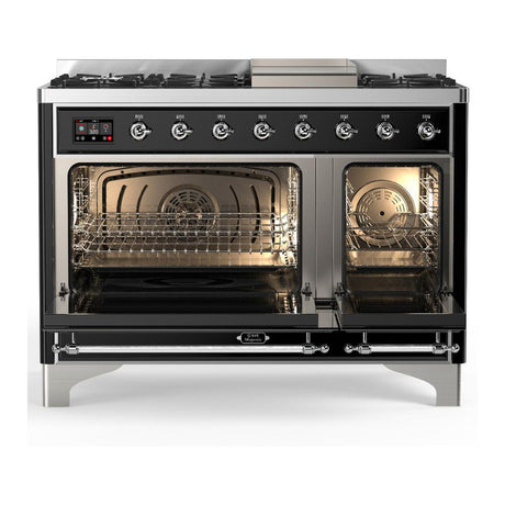 ILVE UM48FNR3BKC Majestic III 48 inch Dual Fuel Range with 8 Burners and Griddle, Dual Function Burner up to 25,000 BTU (Natural Gas, Triple Glass Door, Glossy Black, Chrome)