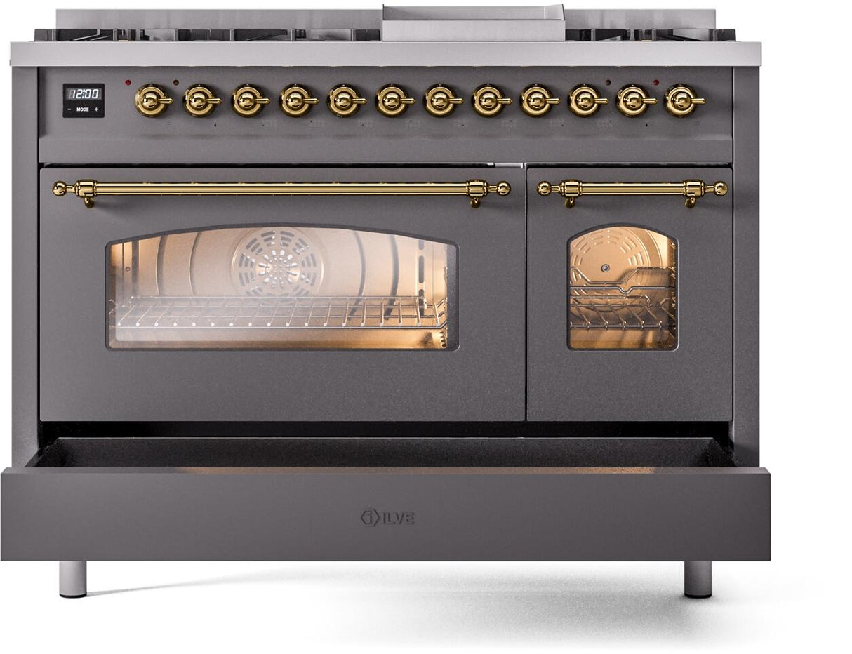 Nostalgie II 48 Inch Dual Fuel Natural Gas Freestanding Range in Matte Graphite with Brass Trim