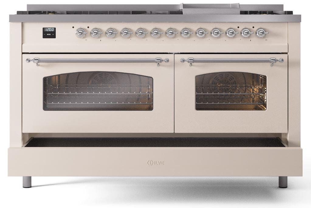 Nostalgie II 60 Inch Dual Fuel Liquid Propane Freestanding Range in Antique White with Chrome Trim