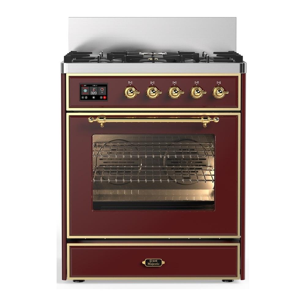 ILVE UM30NR3BUG Majestic III 30 inch Dual Fuel Range with 5 Black Brass Burners, Dual Function Burner up to 25,000 BTU (Natural Gas, Triple Glass Door, Burgundy, Brass)