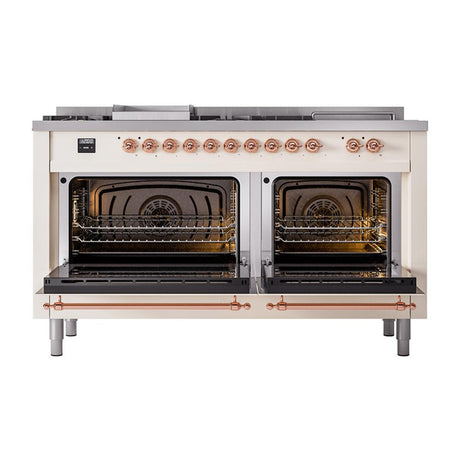 ILVE UN60FSQNMPAWP Nostalgie II Noblesse 60 inch Dual Fuel Range (7 Sealed Burners + Griddle + French Top, Natural Gas, Solid Door, Antique White, Copper)