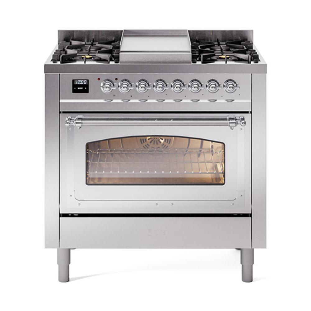 ILVE UN36FNMPSSCLP Nostalgie II Noblesse 36 inch Dual Fuel Range (Liquid Propane, Triple Glass Door, Stainless Steel, Chrome)