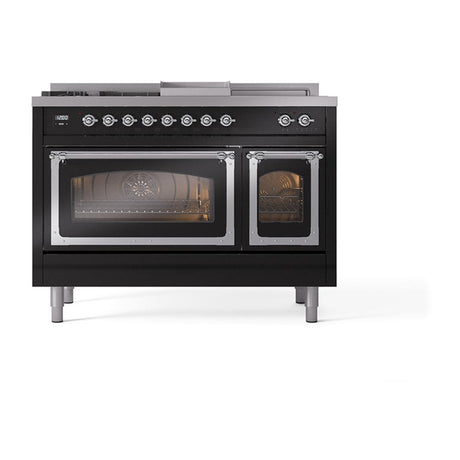 ILVE UN48FSNMPBKC Nostalgie II Noblesse 48 inch Dual Fuel Range (5 Sealed Burners + Griddle + French Top, Natural Gas, Triple Glass Door, Glossy Black, Chrome)