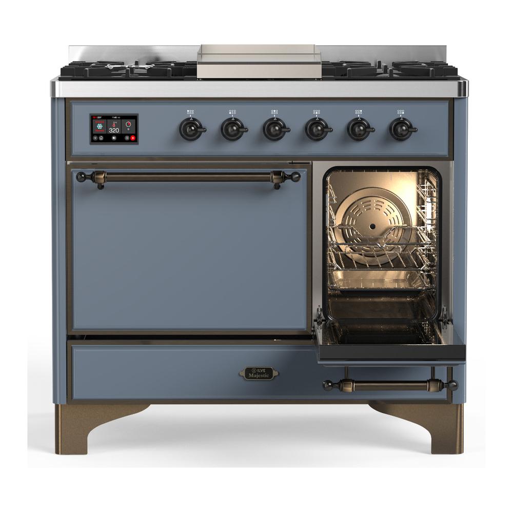 ILVE UMD40FQNR3BGBLP Majestic III 40 inch Dual Fuel Range with 6 Burners and Griddle, Dual Function Burner up to 25,000 BTU (Liquid Propane, Solid Door, Blue Grey, Burnished)