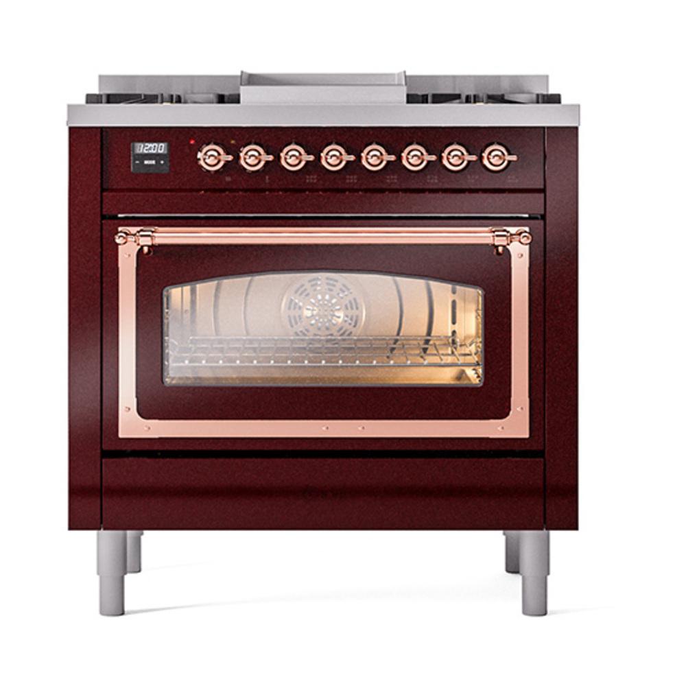 ILVE UN36FNMPBUPLP Nostalgie II Noblesse 36 inch Dual Fuel Range (Liquid Propane, Triple Glass Door, Burgundy, Copper)