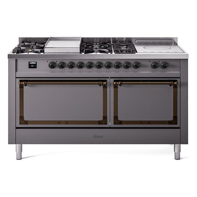 ILVE UN60FSQNMPMGB Nostalgie II Noblesse 60 inch Dual Fuel Range (7 Sealed Burners + Griddle + French Top, Natural Gas, Solid Door, Graphite Matte, Burnished)