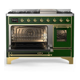 ILVE UM48FNR3EGGLP Majestic III 48 inch Dual Fuel Range with 8 Burners and Griddle, Dual Function Burner up to 25,000 BTU (Liquid Propane, Triple Glass Door, Emerald Green, Brass)