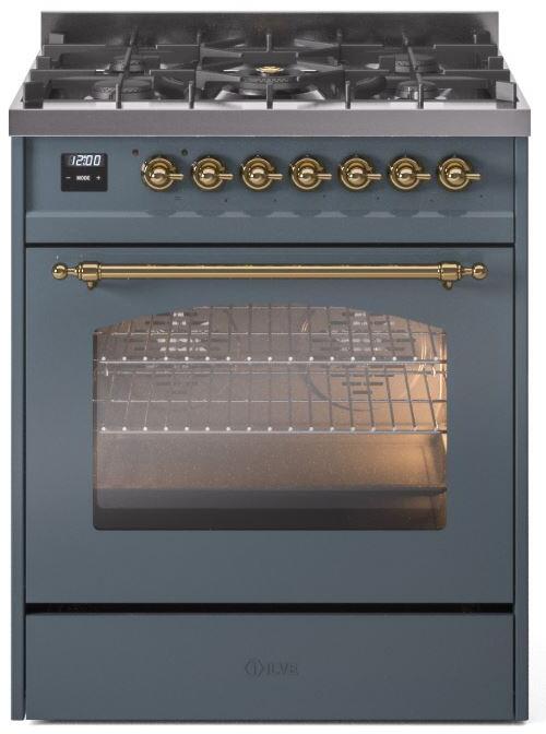 Nostalgie II 30 Inch Dual Fuel Natural Gas Freestanding Range in Blue Grey with Brass Trim