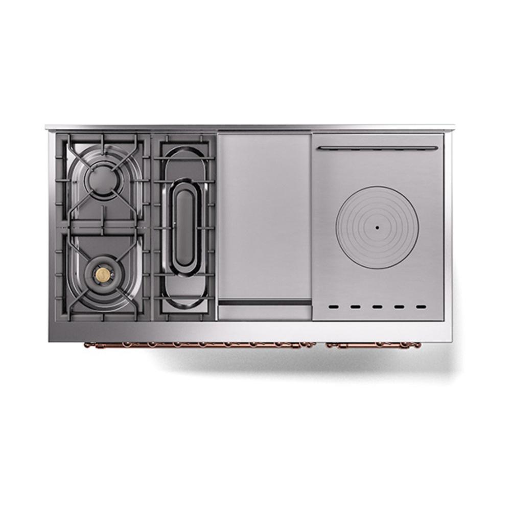 ILVE UN48FSQNMPMGP Nostalgie II Noblesse 48 inch Dual Fuel Range (5 Sealed Burners + Griddle + French Top, Natural Gas, Solid Door, Graphite Matte, Copper)