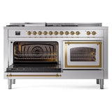 ILVE UN60FSNMPSSG Nostalgie II Noblesse 60 inch Dual Fuel Range (7 Sealed Burners + Griddle + French Top, Natural Gas, Triple Glass Door, Stainless Steel, Brass)