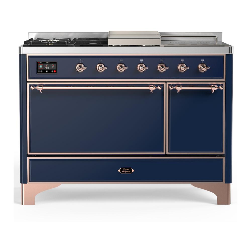 ILVE UM48FSQNR3MBP Majestic III 48 inch Dual Fuel Range with 5 Black Brass Burners, Griddle and French Top, Dual Function Burner up to 25,000 BTU (Natural Gas, Solid Door, Midnight Blue, Copper)