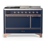 ILVE UM48FSQNR3MBP Majestic III 48 inch Dual Fuel Range with 5 Black Brass Burners, Griddle and French Top, Dual Function Burner up to 25,000 BTU (Natural Gas, Solid Door, Midnight Blue, Copper)