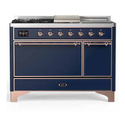 ILVE UM48FSQNR3MBP Majestic III 48 inch Dual Fuel Range with 5 Black Brass Burners, Griddle and French Top, Dual Function Burner up to 25,000 BTU (Natural Gas, Solid Door, Midnight Blue, Copper)