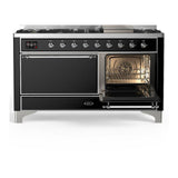 ILVE UM60FQNR3BKC Majestic III 60 inch Dual Fuel Range with 9 Burners and Griddle, Dual Function Burner up to 25,000 BTU (Natural Gas, Solid Door, Glossy Black, Chrome)