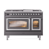 ILVE UN48FNMPMGC Nostalgie II Noblesse 48 inch Dual Fuel Range (8 Sealed Burners + Griddle, Natural Gas, Triple Glass Door, Graphite Matte, Chrome)