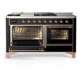 ILVE UM60FSNR3BKPLP Majestic III 60 inch Dual Fuel Range with 7 Burners, Griddle and French Top, Dual Function Burner with up to 25,000 BTU (Liquid Propane, Triple Glass Door, Glossy Black, Copper)