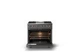 36"W. Dual Fuel Range (Burner: 4g, Finish: Damascus Gray, Trim: Polished Chrome, Fuel: Natural Gas)