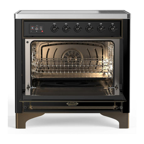 ILVE UMIB36QNR3BKB Majestic III 36 inch Induction Range with 6 Elements, 3.5 cu. ft. Total Oven Capacity (Solid Door, Glossy Black, Burnished)